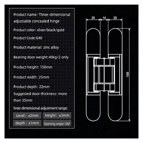 Diagram of Two Pack Heavy Duty Concealed Gate Hinge For Casement Doors with measurements and specifications.