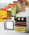 Six Layer Stainless Steel Food Dehydrator And Fruit Dryer Machine For Vegetables Meat Jerky loaded with colorful dried fruits and veggies.