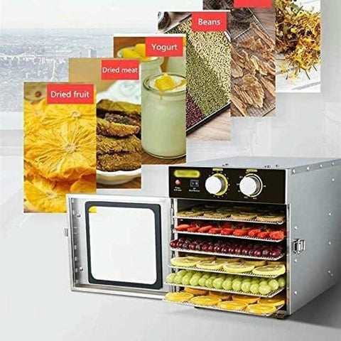 Six Layer Stainless Steel Food Dehydrator And Fruit Dryer Machine For Vegetables Meat Jerky loaded with colorful dried fruits and veggies.