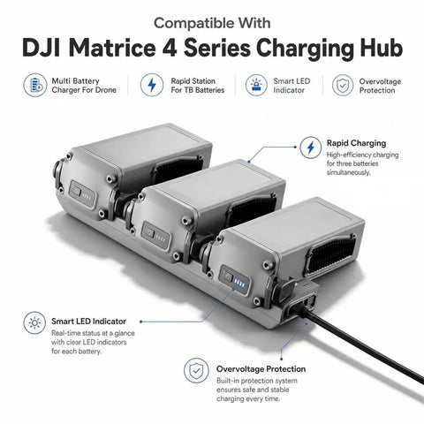 All In One Multi TB Battery Charging Hub For 4 Series Drones with Smart LED Indicator and three parallel charging slots.
