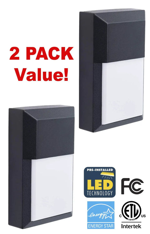 Go To Outdoor Sconce Wall Pack Light 2 Pack, black cast aluminum with white polycarbonate lens, energy-efficient LED technology.