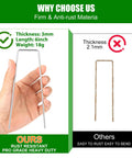 Comparison of Heavy Duty 6 Inch Garden Staples, 11 Gauge, 25 Pack showing thickness and rust resistance features