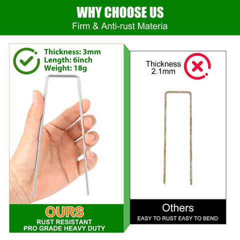 Comparison of Heavy Duty 6 Inch Garden Staples, 11 Gauge, 25 Pack showing thickness and rust resistance features