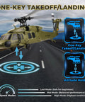 Illustration of UH60L Black Hawk RC Helicopter With Brushless Main Motor 4CH Remote Control showing takeoff and landing features.