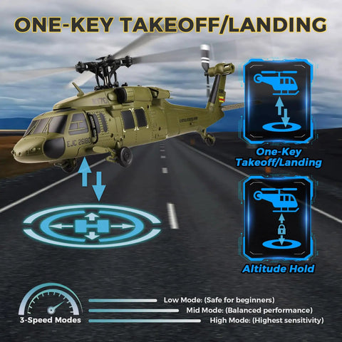 Illustration of UH60L Black Hawk RC Helicopter With Brushless Main Motor 4CH Remote Control showing takeoff and landing features.