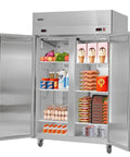 Top Shelf Commercial Refrigerator And Freezer Combo 48 Inch Wide 32 Cubic Feet Stainless Steel Upright Cooler with open doors showcasing various food items.