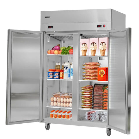 Top Shelf Commercial Refrigerator And Freezer Combo 48 Inch Wide 32 Cubic Feet Stainless Steel Upright Cooler with open doors showcasing various food items.