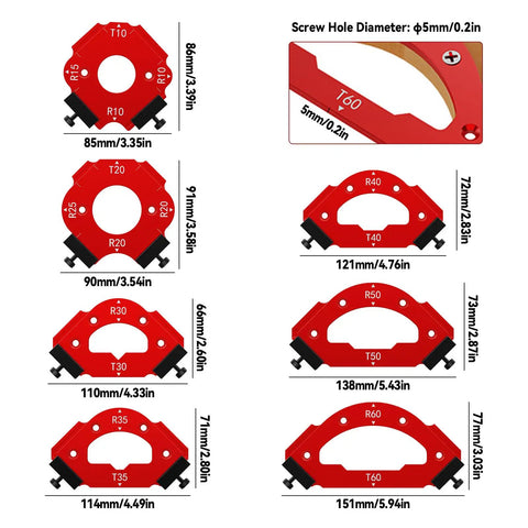 Premium Aluminum Router Corner Radius Template Set With Smack On Guidance For Smooth Outside Rounds and Razor Sharp Oblique Cuts That Keep Your Woodworking Projects Zero Fuss And Totally Top Shelf, showing various templates and size dimensions.