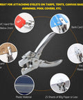 Heavy Duty Eyelet Pliers Kit With 100 Steel Eyelets, 6.5 Inch Grommet Tool showing compatibility with various materials