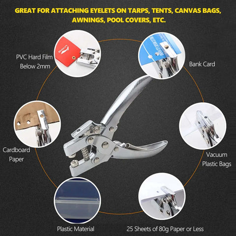Heavy Duty Eyelet Pliers Kit With 100 Steel Eyelets, 6.5 Inch Grommet Tool showing compatibility with various materials