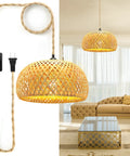 Rattan Hanging Pendant Light With Hemp Rope Cord And Bamboo Shade Wicker Weave Fixture 15 Foot Cord With On Off Switch