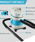 1.5 Gallon 2.0 Peak HP All Around EZ Wet Dry Vacuum showing features like carry handle, blower port, and caster with attachments.