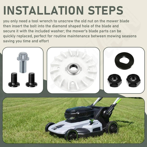 Installation steps for Dual Blade Mower Blade Replacement Kit With Nuts Bolts Washers For 21 Inch EGO Power Plus LM2130SP LM2150SP LM2160SP Mowers Easy Install Durable Repair Accessories.