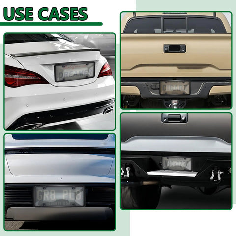Four vehicles displaying Two Pack Clear License Plate Cover And Frame Set With Screws And Caps, Rust Proof Transparent Shield For Standard US Plates, Tough ABS Build, All Weather Auto Plate Protection in use.