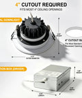 Omilora 4 Inch Gimbal Recessed Lights, Adjustable Eyeball Downlight,12 Pack showing dimensions and details for gimbal downlight and junction box.