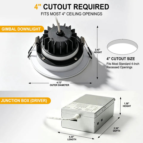 Omilora 4 Inch Gimbal Recessed Lights, Adjustable Eyeball Downlight,12 Pack showing dimensions and details for gimbal downlight and junction box.