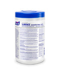 Blue lidded canister of Heavy-Duty Healthcare Surface Disinfecting Wipes, 110 Count, displayed with detailed usage instructions on label.