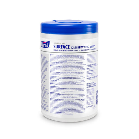 Blue lidded canister of Heavy-Duty Healthcare Surface Disinfecting Wipes, 110 Count, displayed with detailed usage instructions on label.