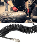 Top Shelf Coiled Air Compressor Hose Featuring Heavy Duty Flexible Inflation Extension Tube For Cars And Motorcycles Smooth Airflow Design That Slays Tire Inflation Tasks Quick with a person inflating a tire.