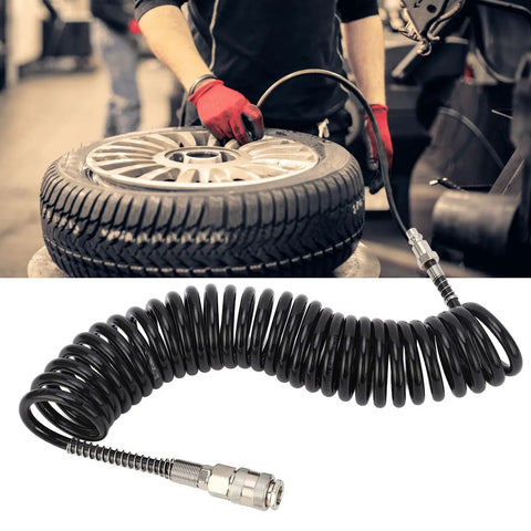 Top Shelf Coiled Air Compressor Hose Featuring Heavy Duty Flexible Inflation Extension Tube For Cars And Motorcycles Smooth Airflow Design That Slays Tire Inflation Tasks Quick with a person inflating a tire.