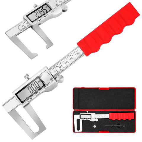 Digital Caliper For Disc Brake Rotor Micrometer And Thickness Measurement With LCD Display 6 Inch Tool Unit Conversion Storage Case And Extra Battery Pack, shown with red grip and case