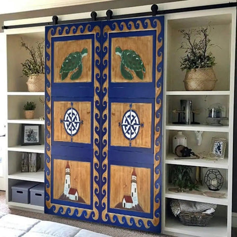 Coastline Nautical Barn Door For Exterior And Interior Sliding Use, Single Or Double Doors, Sea Turtle Lighthouse And Compass Decor