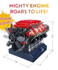 Visible working V8 Engine Model Kit with 270 parts for STEM learners, dimensions labeled, showcasing realistic auto tech design.
