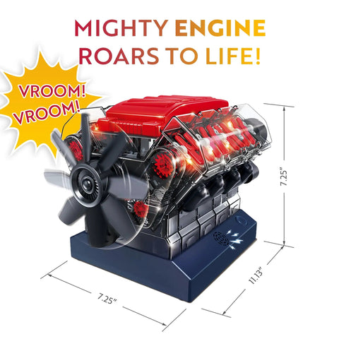 Visible working V8 Engine Model Kit with 270 parts for STEM learners, dimensions labeled, showcasing realistic auto tech design.