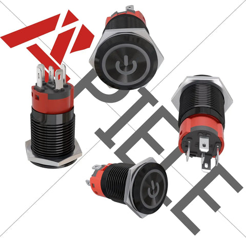 16mm Beefy Latching Push Button Switch With 12V LED Ring, 1NO1NC SPDT On Off, Metal Housing And Socket Plug, Blue Ring Light, various angles