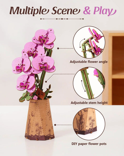 3D Wooden Flower Puzzle Kit For Adults, Dope DIY Botanical Orchid Build Set, Purple Moth Orchid Craft Project, close-up adjustable stem