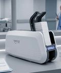 Heavy Duty Id Card Printer Kit Featuring Slick Edge To Edge Color Duplex Prints And Bulletproof Metal Frame, on counter.