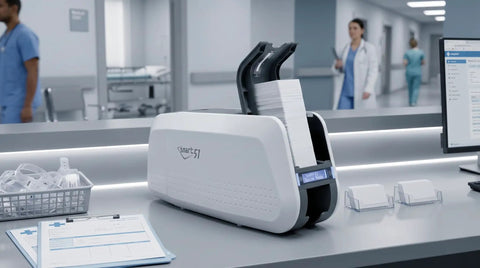 Heavy Duty Id Card Printer Kit Featuring Slick Edge To Edge Color Duplex Prints And Bulletproof Metal Frame, on counter.