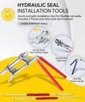 5 Pack Hydraulic Seal Installation Tool Kit For Rod And U Cup Seals Pro Grade Heavy Duty Universal Piston Cylinder Repair Tools Upgraded Seal Twistor With Pick And Hook Three Size Rod Seal Tools For 0.87 To 2.75 Inch Diameters, featuring red-handled tools, strong welds, and anti-slip rubber handle