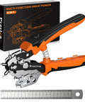 Pro Grade Hole Punch Plier Kit with Revolving Punch Heads and V-Shaped Cutting Edge, includes 20cm stainless steel ruler, box in background.