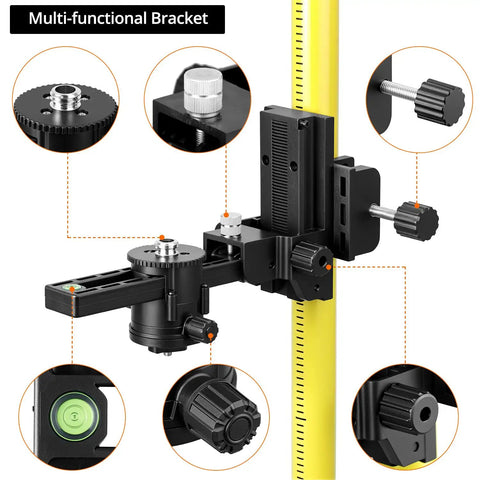 Laser Level Pole Kit For Pros with adjustable telescoping pole, tripod mounts, and multi-functional bracket components.