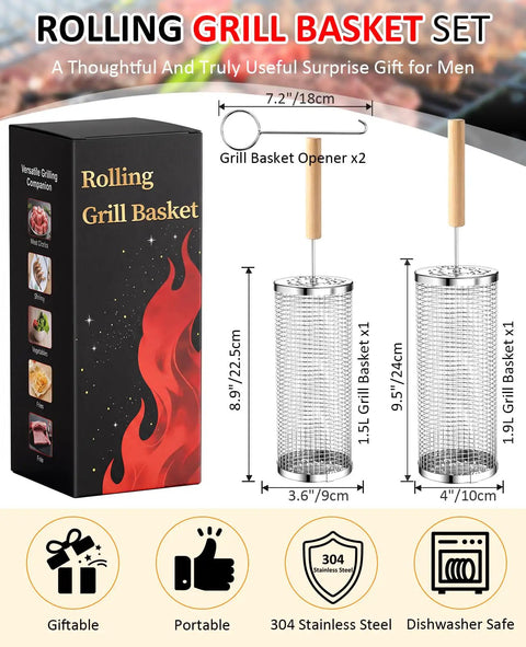 Rolling Grill Basket Set For Dad And Grill Masters, Removable Wooden Handle, 304 Stainless Steel Nesting BBQ Tools shown in packaging