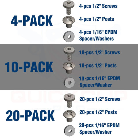 Black Half Inch Chicago Screws With Rubber Washers Kickass Flat Head Through Hole Fasteners in 4, 10, and 20 packs for DIY use.