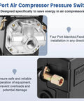 Front view of Air Compressor Pressure Switch 95-125 PSI 20A Replacement With 4 Port 1/4 NPT Unloader Valve Easy Install Plug and Play Durable 6.3mm Unloader Connection Compatible With Most Compressors, showing manifold and outlet.