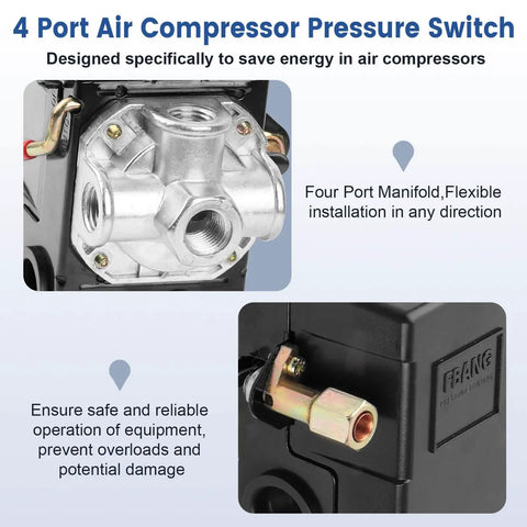 Front view of Air Compressor Pressure Switch 95-125 PSI 20A Replacement With 4 Port 1/4 NPT Unloader Valve Easy Install Plug and Play Durable 6.3mm Unloader Connection Compatible With Most Compressors, showing manifold and outlet.