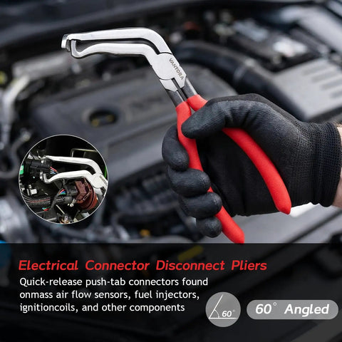Hand holding electrical disconnect pliers from Five Piece Auto Wiring Harness And Fuel Line Repair Tool Kit for car maintenance