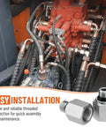 Hydraulic ORB to NPTF adapters installed for easy assembly and maintenance in industrial machinery.