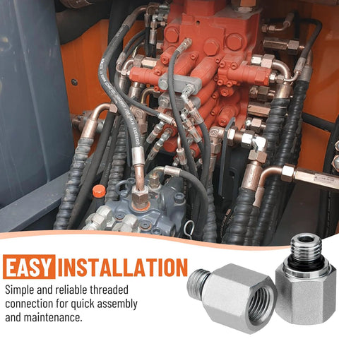 Hydraulic ORB to NPTF adapters installed for easy assembly and maintenance in industrial machinery.