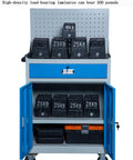 Heavy Duty Steel Rolling Tool Cabinet Featuring Auxiliary Workbench Top And Glide Out Drawers For Garage Setup That Handles Your Gear No Sweat At All with weights and tools visible.