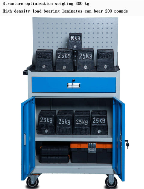 Heavy Duty Steel Rolling Tool Cabinet Featuring Auxiliary Workbench Top And Glide Out Drawers For Garage Setup That Handles Your Gear No Sweat At All with weights and tools visible.