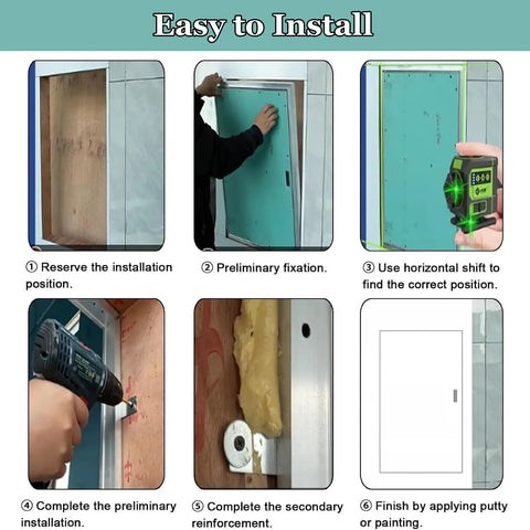 Step-by-step installation process for Top Notch Paintable Drywall Access Panel showing framing and tools used.