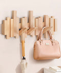 Dope Solid Wood Wall Mounted Coat Rack With Six Flip Down Hooks Magnetic For Each Hook Stays Vertical 16 Inch Wide holding umbrella and bag
