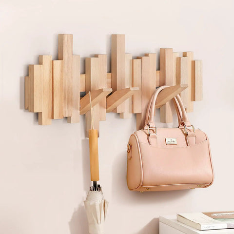 Dope Solid Wood Wall Mounted Coat Rack With Six Flip Down Hooks Magnetic For Each Hook Stays Vertical 16 Inch Wide holding umbrella and bag