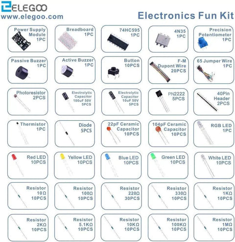 Dope Electronic Fun Kit Bundle With Breadboard, Jumper Wires, Resistors, Capacitors, LEDs, Potentiometer, 200 Components