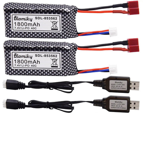 Two Pack 7.4V 1800mAh LiPo Battery With T Plug For 1 To 10 Scale 4WD RC Cars And Trucks Fits Models Like 9201E And 9125 Lightweight 80g Each Beef Up Run Time with USB chargers