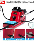 110W Soldering Iron Station Kit With LED Display, helping hands installation steps shown with insert, turn, tighten instructions.